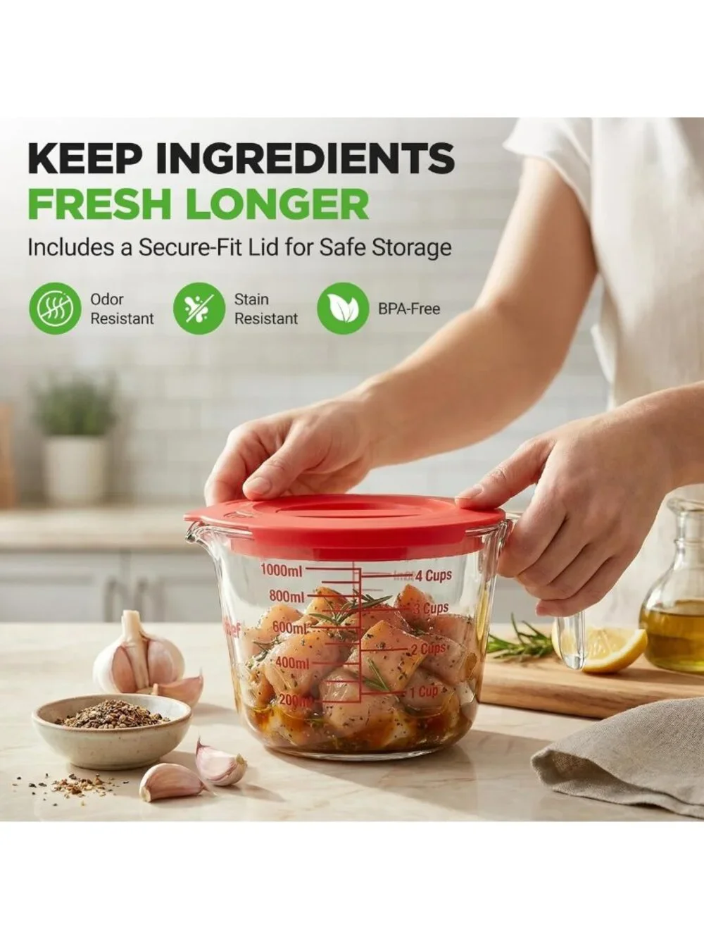 Set of 3 Heat-Resistant Glass Measuring Cups with Lids - Easy-Read Scale for